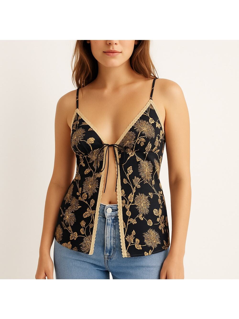 Victoria’s Secret Black Gold Floral Satin Open-Front lace trimTop Slip dress Sp